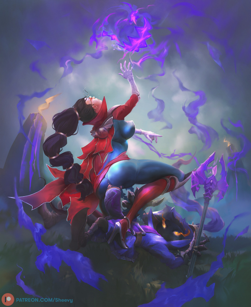 1boy 1girls artist_name ass black_hair boots braid breasts cape cowgirl cowgirl_position female_focus gloves large_penis league_of_legends long_hair long_sleeves penetration penis pussy red-tinted_eyewear sheevy sunglasses tagme thick_ass thick_thighs thighs tied_hair tinted_eyewear vaginal_penetration vayne veigar veiny_penis