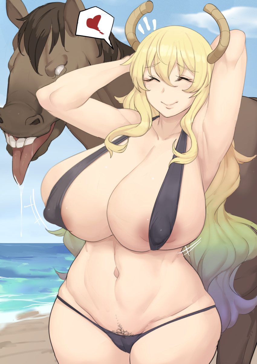 1girls areola_slip areolae bestiality blonde_female breasts cleavage erect_nipples female horse huge_breasts imminent_bestiality imminent_sex metal_owl miss_kobayashi's_dragon_maid nipple_bulge nipples pubic_hair quetzalcoatl_(dragon_maid) rancid_horace solo_focus zoophilia