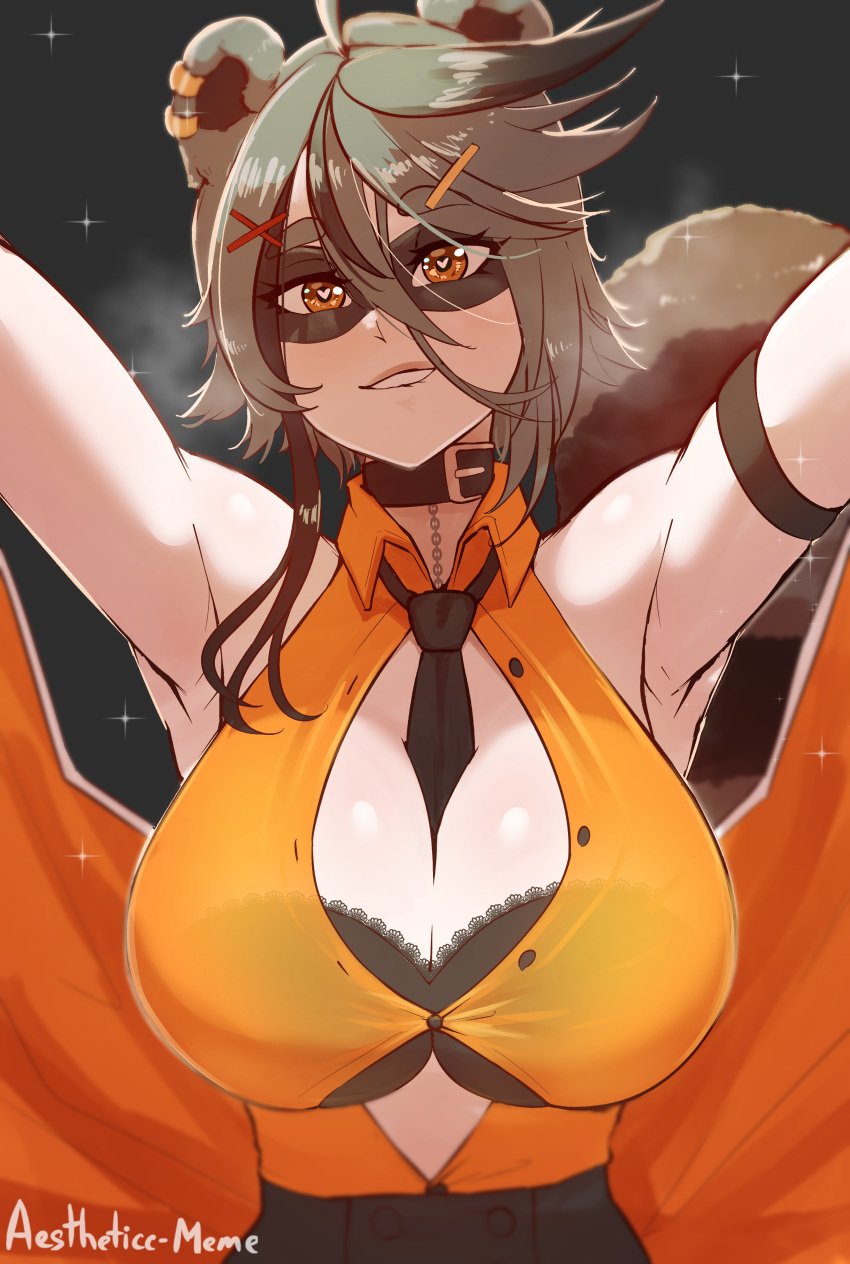 1girls absurdres aestheticc-meme armpits arms_up breasts busty cleavage female female_only highres huge_breasts indie_virtual_youtuber large_breasts looking_at_viewer snuffy solo teacher_snuffy virtual_youtuber