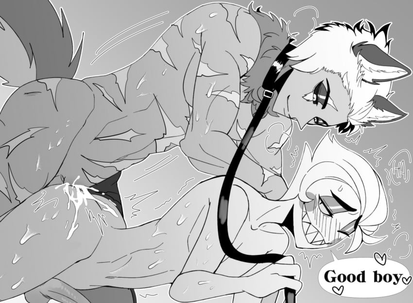 2boys anal anal_sex blush cock collar cum cum_in_ass cum_leaking cum_on_ass cum_splatter cumming demon erect_penis erection from_behind gay hazbin_hotel kyo leash looking_pleasured lucifer_morningstar_(hazbin_hotel) male male/male male_only monochrome naked nekomimi nude one_eye_closed original_character penis scars sharp_teeth smile smiling smooth_skin speech_bubble sweat sweatdrop text thighs trembling wolf_ears wolf_tail yaoi