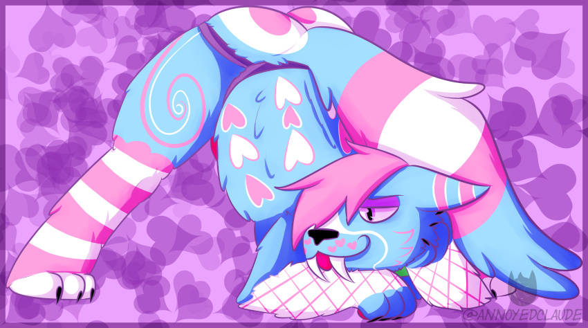 absurd_res annoyedclaude anthro ass ass_up canid canine canis cotton_candy_(character) crossdressing digital_drawing_(artwork) digital_media_(artwork) dildo domestic_dog femboy fur girly hair hi_res jack-o'_pose male male_only mammal meme pose sex_toy simple_background sissy smile solo spread_legs spreading strapon tongue transgender_pride_colors trap wolf