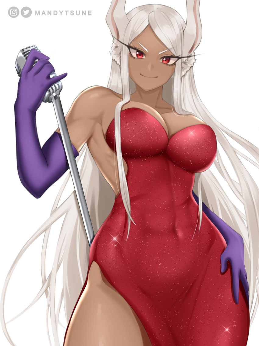 1girls abs armpits big_breasts bunny_ears cleavage cosplay crossover_cosplay curvy dark-skinned_female dark_skin elbow_gloves female female_only fit_female hourglass_figure jessica_rabbit_(cosplay) long_hair looking_at_viewer mandytsune mature_female microphone microphone_stand miruko my_hero_academia purple_gloves red_dress red_eyes rumi_usagiyama smile solo solo_female superheroine underboob very_long_hair white_hair who_framed_roger_rabbit wide_hips