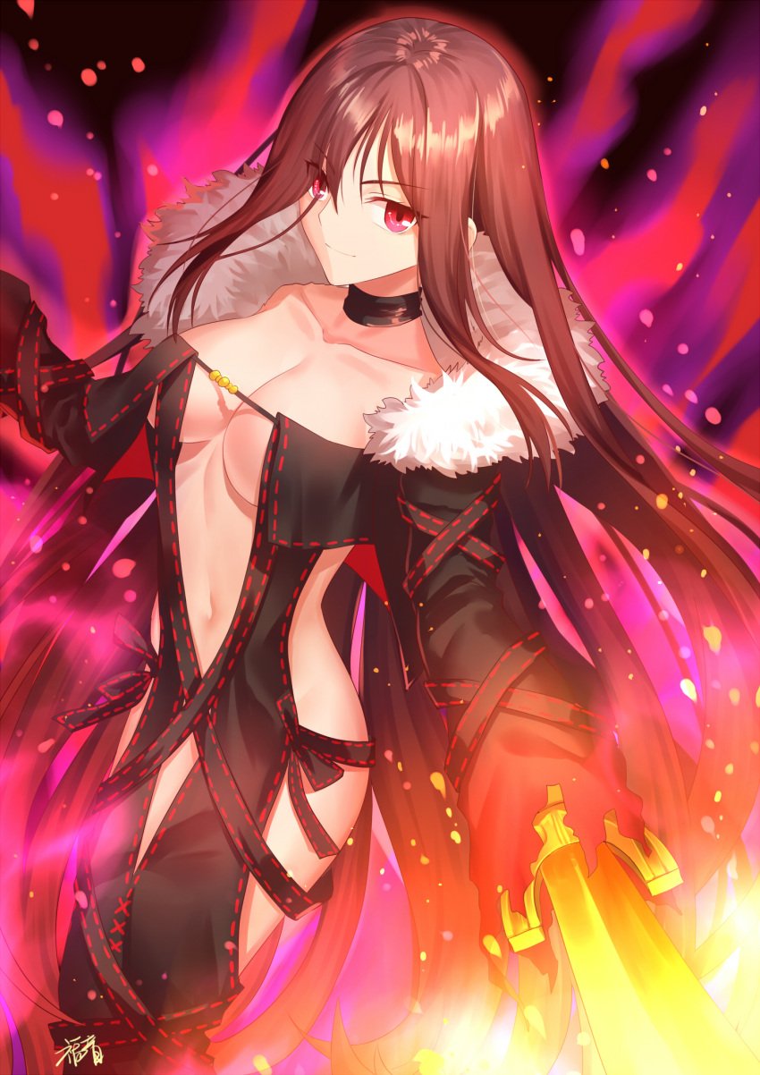 akuta_hinako assassin bangs black_choker black_dress black_hair breasts brown_hair choker clavicle cleavage closed_mouth dress eyebrows_visible_through_hair fate/grand_order fate_(series) female female fire fur fur-trimmed_jacket fur_trim gogatsu_fukuin hair_between_eyes high_resolution holding holding_sword holding_weapon jacket long_hair long_sleeves looking_at_viewer medium_breasts navel open_clothes open_jacket pixiv_id_6114799 red_eyes revealing_clothes signature sleeves_past_fingers sleeves_past_wrists smile solo sword tagme very_long_hair weapon wu_yue_fuyin yu_miaoyi yu_miaoyi_(fate)