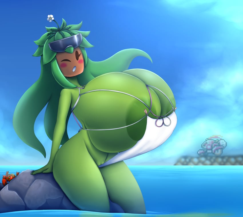 areola big_breasts blaster_master breast_expansion breasts clothing day detailed_background elemental_creature elemental_humanoid elfdrago female flora_fauna genitals green_body hi_res huge_breasts humanoid hyper hyper_breasts kanna_(blaster_master) metachoke mob_face not_furry outside plant plant_humanoid plantie png pussy repost sky swimwear video_games water