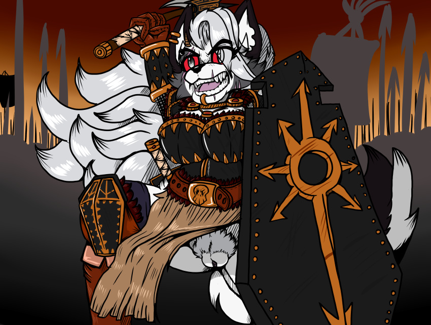 1girls 2021 absurd_res anthro armor axe belt belt_buckle black_eyes boots bottomless bottomwear breastplate canid canid_demon canine canis chaos_(warhammer) chaos_cultist clothed clothing clothing_lift crossover dagger demon digital_drawing_(artwork) digital_media_(artwork) ear_piercing ear_ring eyebrow_piercing facial_piercing female female_only footwear fur hair hellhound helluva_boss hi_res knee_pads lip_piercing loincloth loincloth_lift long_hair loona_(helluva_boss) mammal melee_weapon piercing pubes pubes_exposed raised_weapon red_sclera shield silver_hair slaves_to_darkness solo solo_female teeth_showing warhammer_(franchise) warhammer_fantasy warrior_of_chaos weapon white_body white_fur wolf xxtheoneguyxx