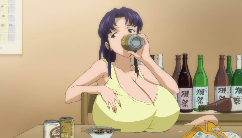 1girls 2021 accurate_art_style akkyon beer beer_can big_breasts black_hair black_hair_female bottles breast_expansion breast_rest breasts breasts_bigger_than_head brown_eyes can chopsticks cleavage clothed clothed_female clothing drinking drinking_beer edit female female_only huge_breasts light-skinned_female light_skin looking_away misato_katsuragi neon_genesis_evangelion rebuild_of_evangelion screenshot_edit sitting_at_table solo