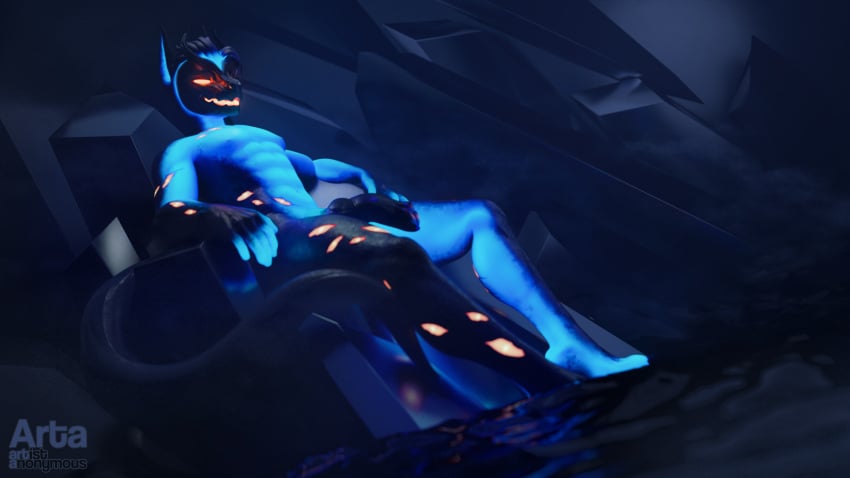 16:9 2021 3d_(artwork) 5_fingers abs animal_genitalia animal_penis anthro arta blender_(software) blue_body canine_penis daemon_(species) digital_media_(artwork) fingers genitals glowing glowing_eyes hi_res ink male muscular muscular_anthro muscular_male nude open_mouth pecs penis prana_(character) shaded signature sitting solo water widescreen