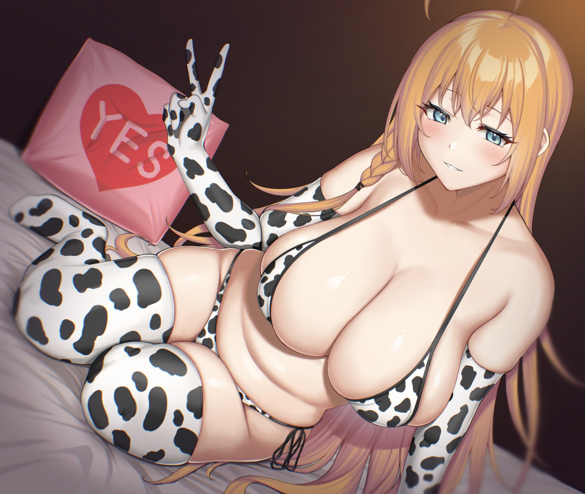 1girls anony_83 belly big_breasts blue_eyes breasts cow_bikini cow_print eye_contact female gloves large_breasts long_hair looking_at_viewer orange_hair peace_sign pecorine princess_connect! princess_connect!_re:dive thick_thighs thighhighs thighs