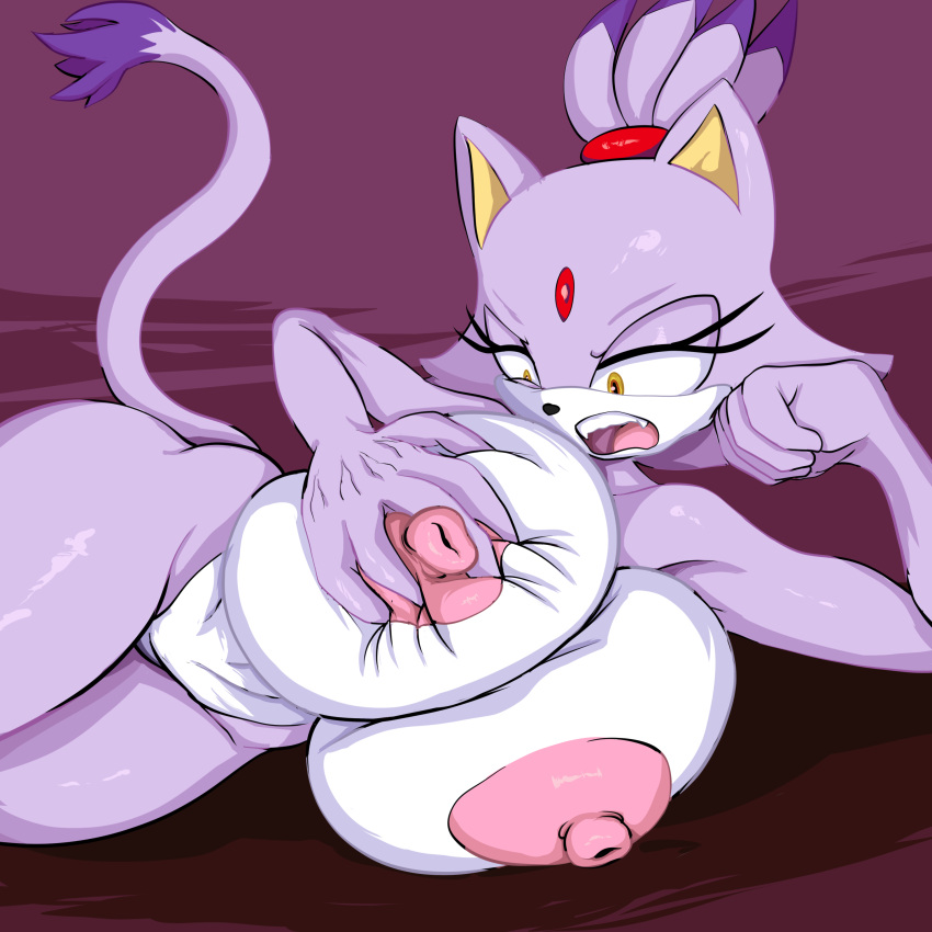 anthro big_ass big_butt black_nose blaze_the_cat breast_grab domestic_cat fangs felid feline felis female forehead_jewel general_godzilla half-closed_eyes long_tail looking_down lying nipples open_mouth pink_nipples purple_body purple_hair sega solo sonic_(series) thick_thighs tongue white_body wide_hips yellow_eyes