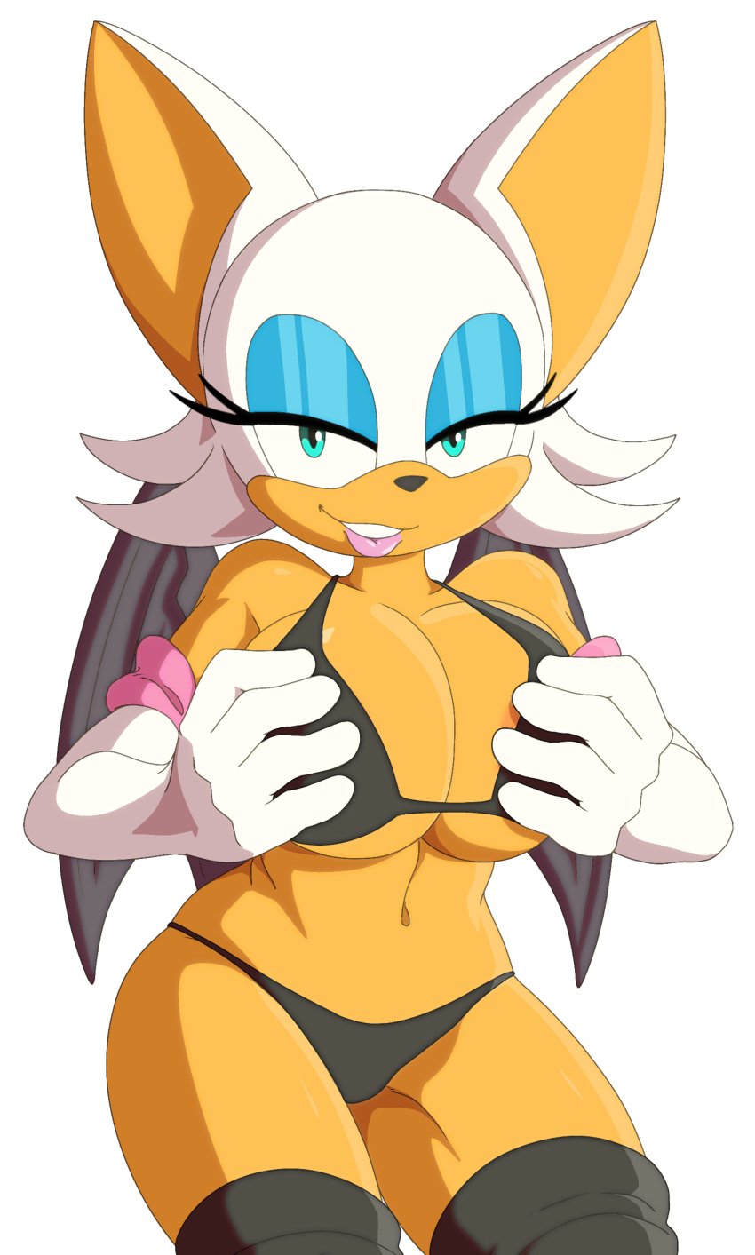 anthro bat bra breast_grab breasts chiropteran eyelashes eyeshadow female foot_ninja15 gloves green_eyes lipstick looking_at_viewer makeup panties rouge_the_bat smile solo sonic_(series) tan_body underwear white_hair wings