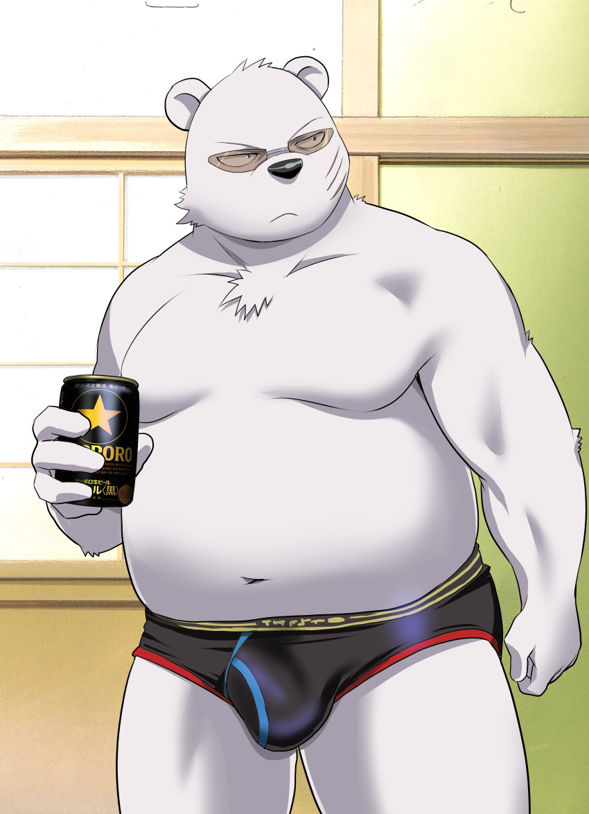 1boy 2021 anthro belly black_nose bulge can clothing container eyewear fur hi_res humanoid_hands kemono male male_focus male_only mammal moobs navel o96657637 odd_taxi overweight overweight_male polar_bear sekiguchi_(odd_taxi) solo sunglasses underwear ursid ursine white_body white_fur