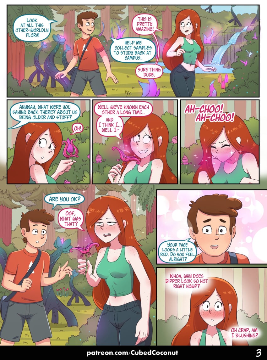 1boy 1boy1girl 1girls age_difference aged_up aphrodisiac background blush brown_hair color comic comic_page confession cubedcoconut dialogue dipper_pines disney disney_channel english english_text exposed_belly female forest forest_background freckles gravity_falls infatuation jean_shorts jeans large_breasts long_hair magic magic_mushrooms mushroom orange_hair outdoor outdoors outside page_2 page_number patreon plant red_hair sex_pollen shorts smooth_skin sneeze sparkles speech_bubble tall_female tank_top text topwear trees url wendy_corduroy wide_hips