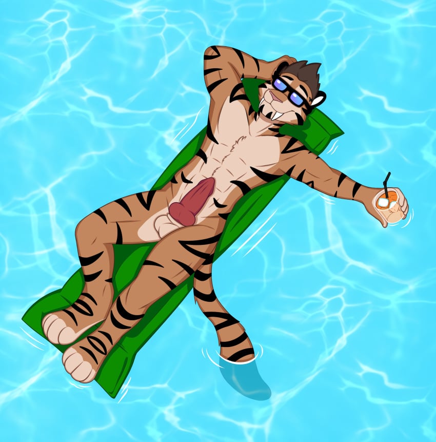 absurd_res anthro balls beverage eyewear felid floater genitals hi_res knot machairodontine male male_focus mammal muscular pantherine penis poolside redjasper solo sunglasses tiger water