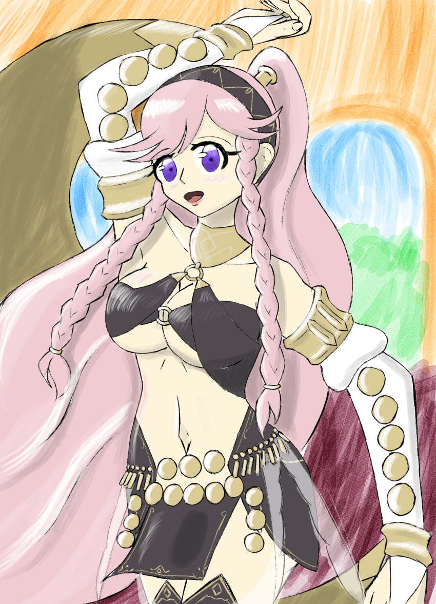 1girls bare_midriff bare_thighs braid breasts cape cleavage dancer dancing fire_emblem fire_emblem_awakening fire_emblem_heroes geek_(artist) hen_nerd large_breasts long_hair looking_at_viewer midriff nintendo official_alternate_costume olivia_(fire_emblem) olivia_(performing_arts)_(fire_emblem) open_mouth pelvic_curtain pink_hair ponytail purple_eyes smile solo thighhighs thighs twin_braids underboob very_long_hair