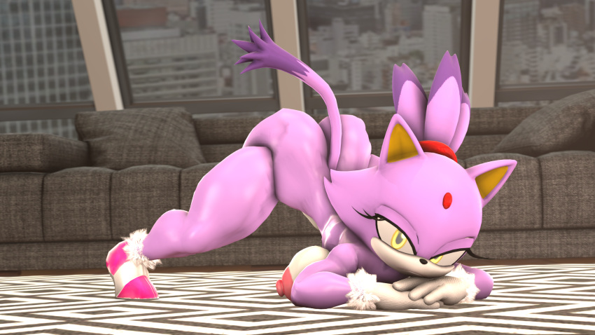 anthro ashybiguy ass ass_up black_nose blaze_the_cat breasts domestic_cat feline female forehead_jewel half-closed_eyes jack-o_pose looking_at_viewer nipples ponytail purple_body purple_hair sega shoes solo sonic_(series) yellow_eyes