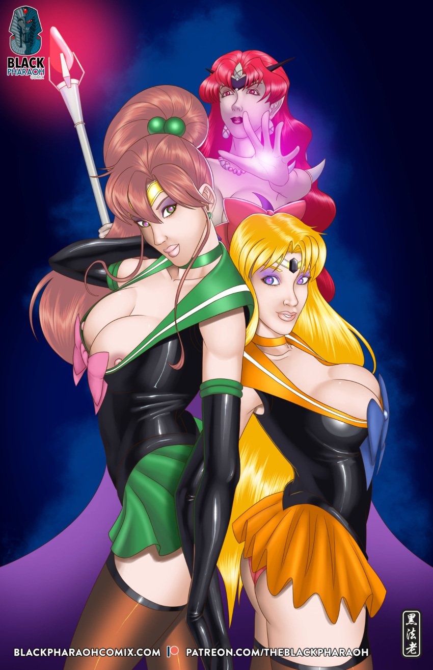 3girls ass bishoujo_senshi_sailor_moon bow brainwashing breasts clothing corruption dark_kingdom dark_persona enemy_conversion eyeshadow female female_only hypnosis large_breasts long_hair magical_girl makoto_kino minako_aino multiple_girls nipple_slip panties queen_beryl red_hair sailor_jupiter sailor_venus skirt stockings theblackpharaoh villainess visible_nipples white_skin