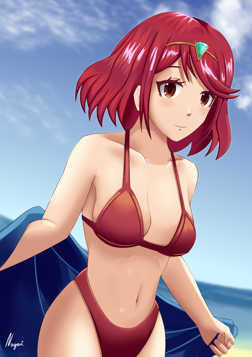 1girls alternate_costume bikini breasts female female_only light-skinned_female light_skin looking_at_viewer nagai_arts nintendo ocean orange_eyes outdoors outside pyra red_bikini red_hair sand short_hair solo swimsuit water xenoblade_(series) xenoblade_chronicles_2