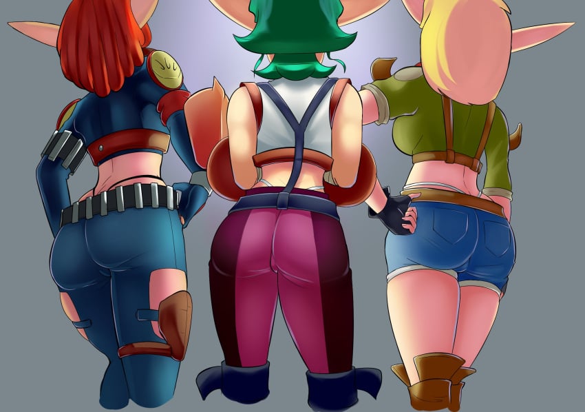 3girls armor ashelin_praxis ass back_view backboob black_panties blonde_hair clothed clothes clothing dat_ass dreadlocks fat_ass female_focus female_only fingerless_gloves green_hair green_shirt hips jak_and_daxter jean_shorts keira_hagai knee_pads long_ears long_sleeves medium_hair panties purple_pants red_hair revealing_clothes scrabble007 shirt simple_background suspenders tess_(human;_jak_and_daxter) tess_(jak_and_daxter) thong thong_above_pants thong_straps tight_clothing utility_belt whale_tail white_panties white_shirt