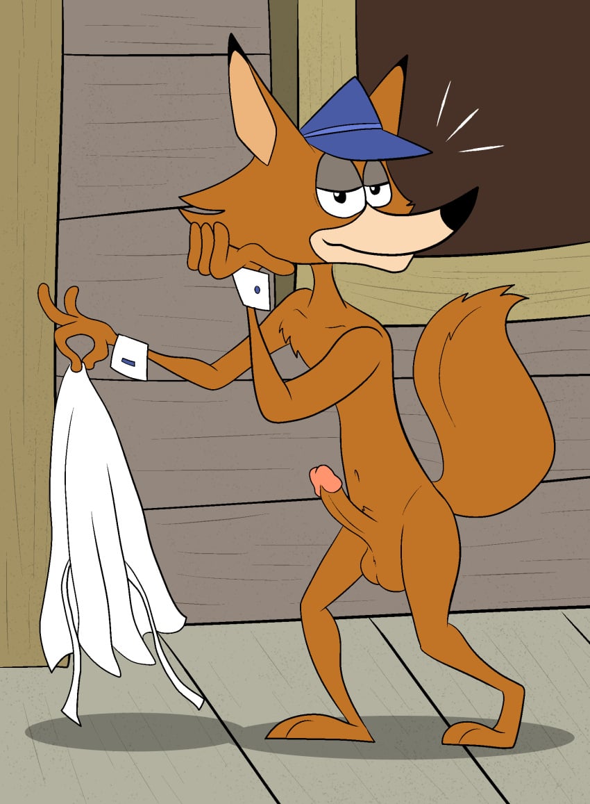 absurd_res anthro apron balls bedroom_eyes canid canine clothing cuffs_(clothing) darkajugin digital_media_(artwork) erection floyd_the_fox_(the_smokey_bear_show) fox fur genitals hand_on_head hi_res male mammal narrowed_eyes nude orange_body orange_fur penis porch seductive shirt_cuffs solo the_smokey_bear_show