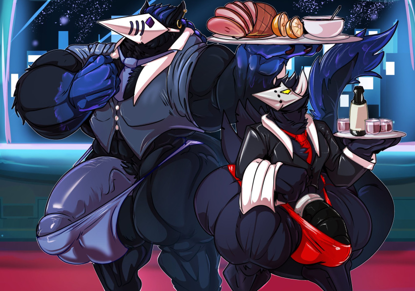 alcohol avian balls beverage big_balls big_penis bird black_body black_fur blue_thong bulge butler deltarune fierglief food fur furry furry_only hyper hyper_balls hyper_muscles hyper_penis male male_only meat muscular muscular_male penis red_thong size_difference suit swatchling_(deltarune) thong tie towel tray