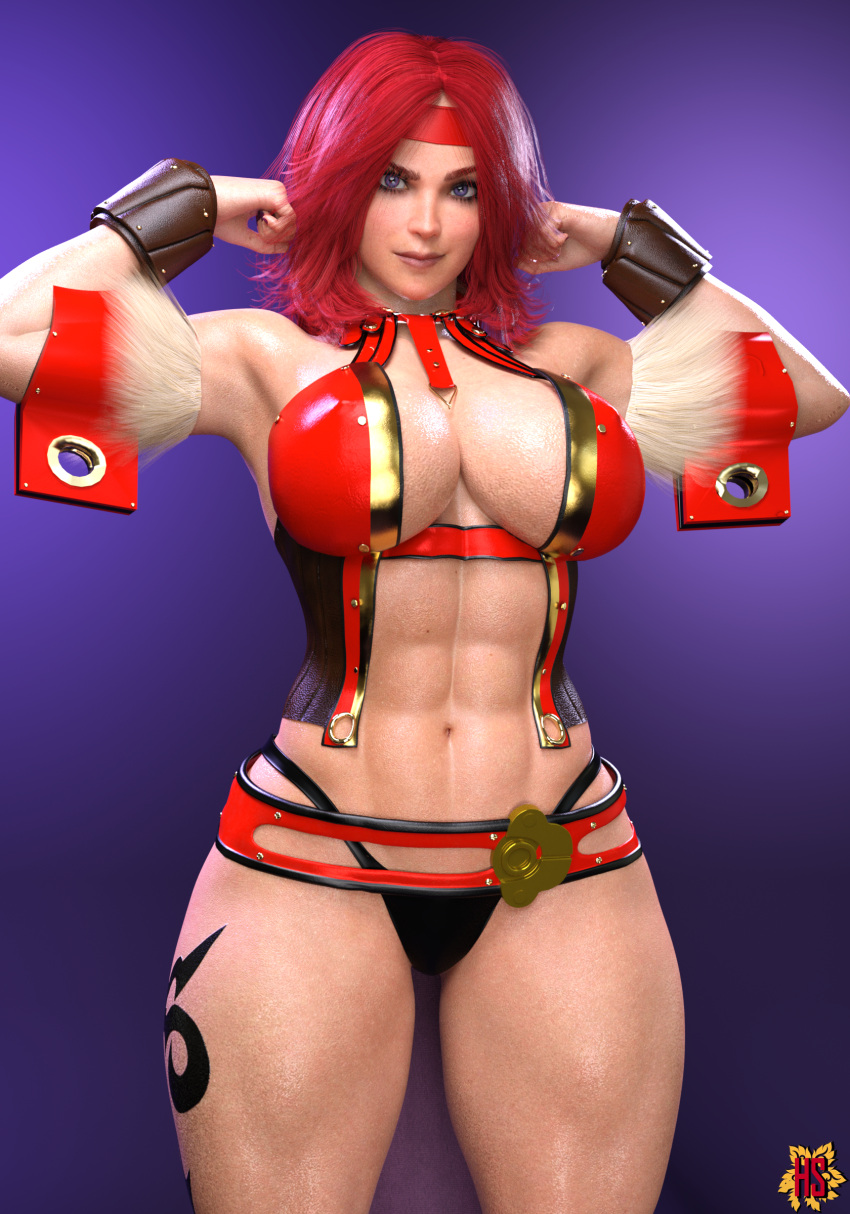 1girls 3d breasts hagiwara_studio muscles muscular muscular_female pussy queen's_blade red_hair risty tattoo thick thick_thighs