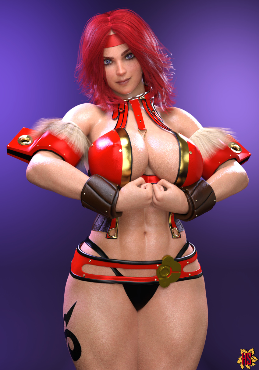 1girls 3d breasts hagiwara_studio muscles muscular muscular_female nipples pussy queen's_blade red_hair risty tattoo thick thick_thighs