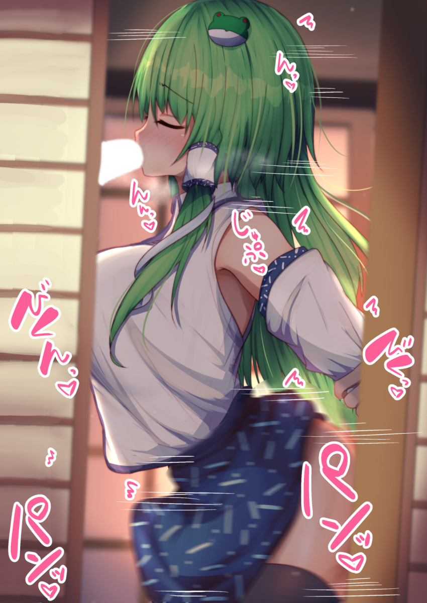 1girls arms_behind_back black_thighhighs darumoon dress from_behind green_hair hair_ornament heavy_breathing implied_sex japanese_text long_hair looking_at_viewer miko motion_blur motion_lines offscreen_sex oral prison_guard_position sanae_kochiya sex skirt spitroast spoken_heart standing standing_sex straight text thighhighs touhou