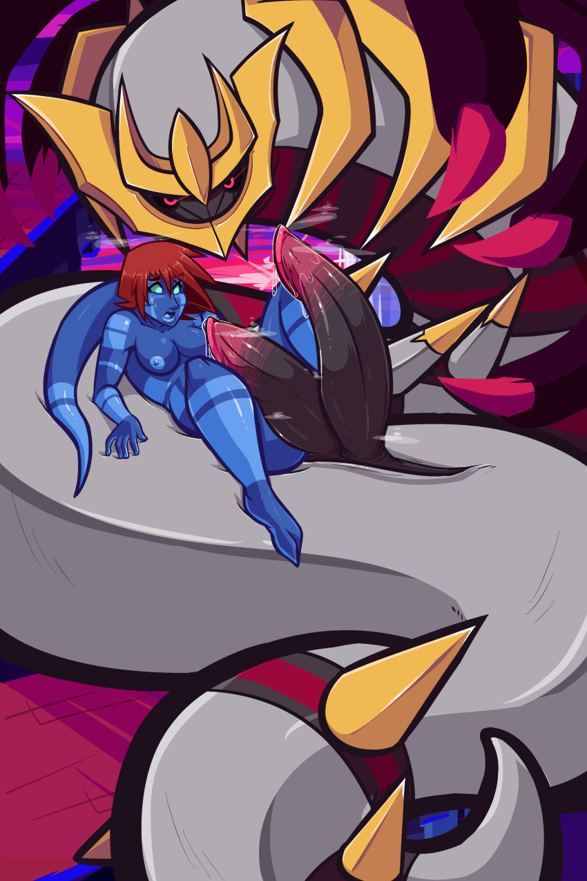 1girls 2_toes absurd_res alien alien_girl areolae black_sclera blue_skin body_markings breasts diphallia diphallism face_markings female giratina green_eyes kassidy_(medrifogmatio) legendary_pokémon looking_at_penis looking_at_viewer medium_hair medrifogmatio monster_cock multi_penis nintendo nipples nude nude_female penis pokémon_(species) pokemon pokemon_focus pokephilia precum red_eyes red_hair size_difference steamy_penis tail