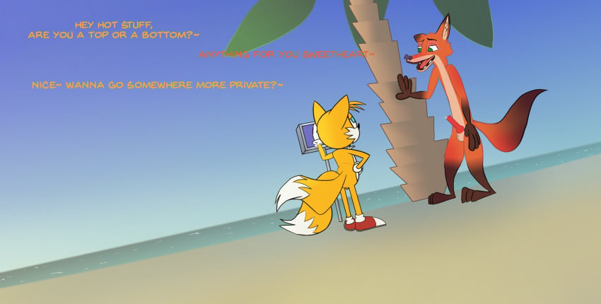 animal_genitalia animal_penis anthro beach blue_eyes canid canine canine_penis crossover disney english_text fox foxoqyl green_eyes half-closed_eyes male mammal nick_wilde nude orange_fur penis red_penis sonic_(series) sonic_the_hedgehog_(series) tails text tree yellow_body zootopia