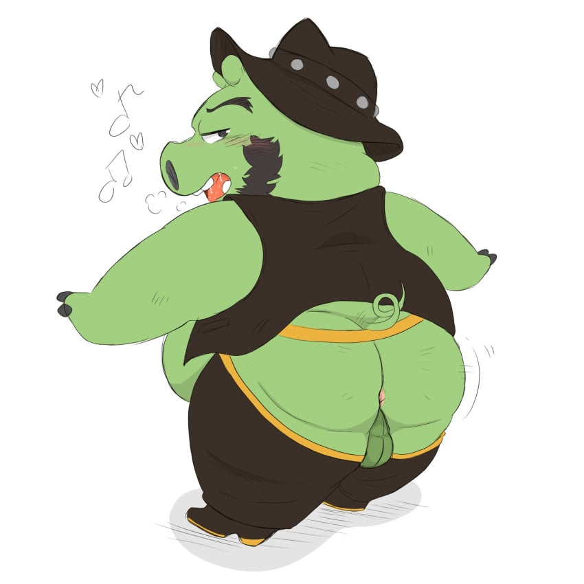 1:1 1boy 2021 96panda angry_birds anthro anus ass backsack balls beard belly big_belly blush clothing columbia_pictures cowboy cowboy_hat domestic_pig facial_hair gay genitals green_body hat headgear headwear hi_res kemono king_leonard male male_only mammal overweight overweight_male pig_(angry_birds) rovio rovio_animation rovio_entertainment sega simple_background solo sony suid suina sus_(pig) the_angry_birds_movie video_games white_background