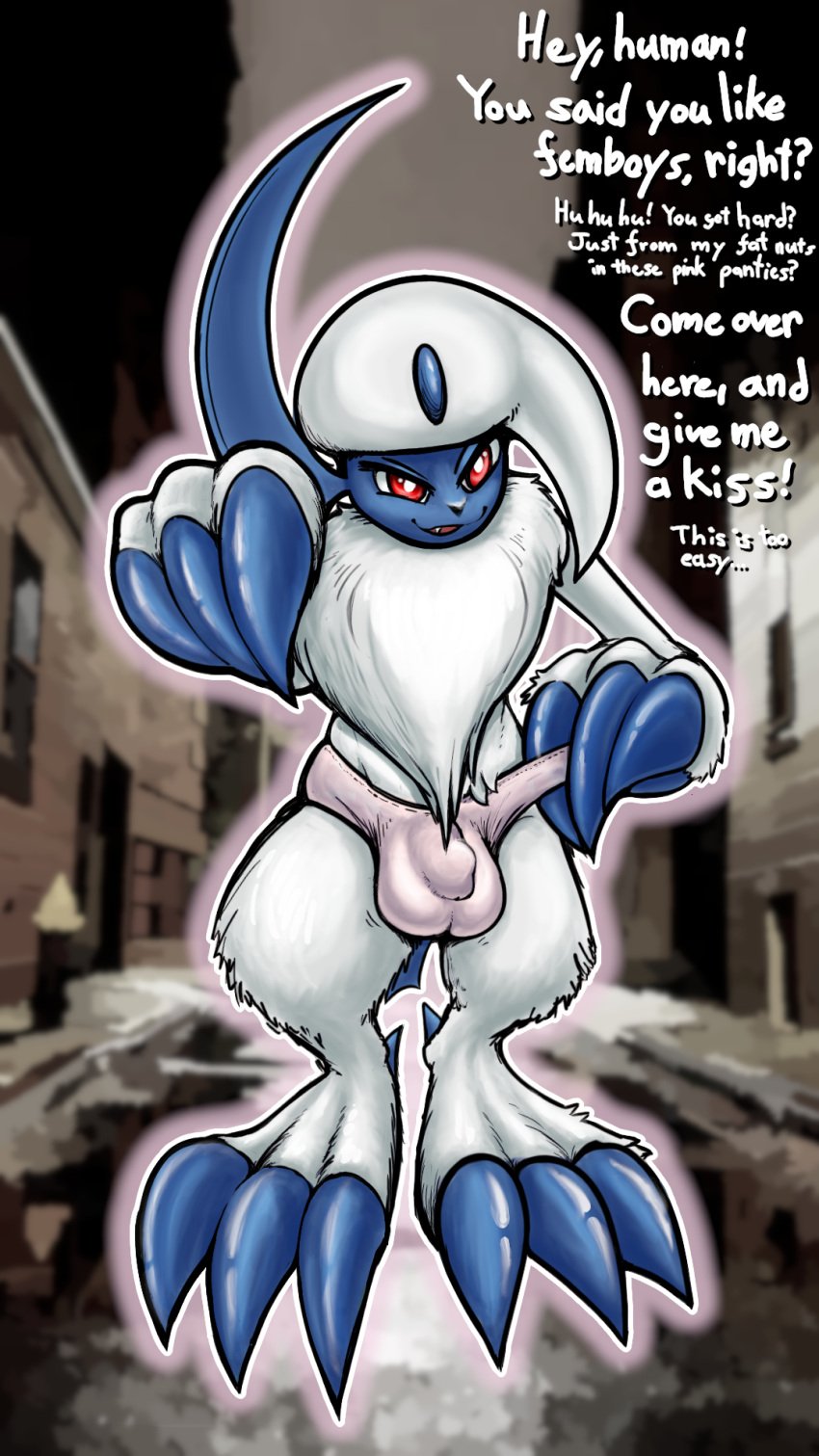 absol anthro balls big_balls bulge claws clothing english_text fur genitals hi_res hoedeer male male_only nintendo panties penis pink_clothing pink_panties pink_underwear pokémon_(species) pokemon pokemon_(species) red_eyes solo teasing text underwear video_games white_body white_fur