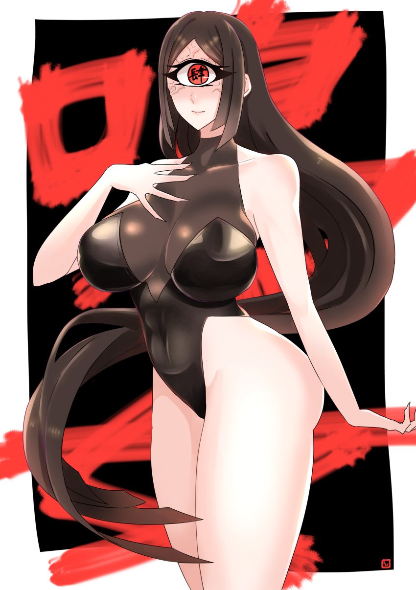 1_eye big_breasts black_hair cowboy_shot cyclops demon_girl demon_slayer female female_only hime_cut hourglass_figure kimetsu_no_yaiba leotard long_hair looking_at_viewer monster_girl nakime one-piece_swimsuit pale_skin red_eyes solo swimsuit very_long_hair