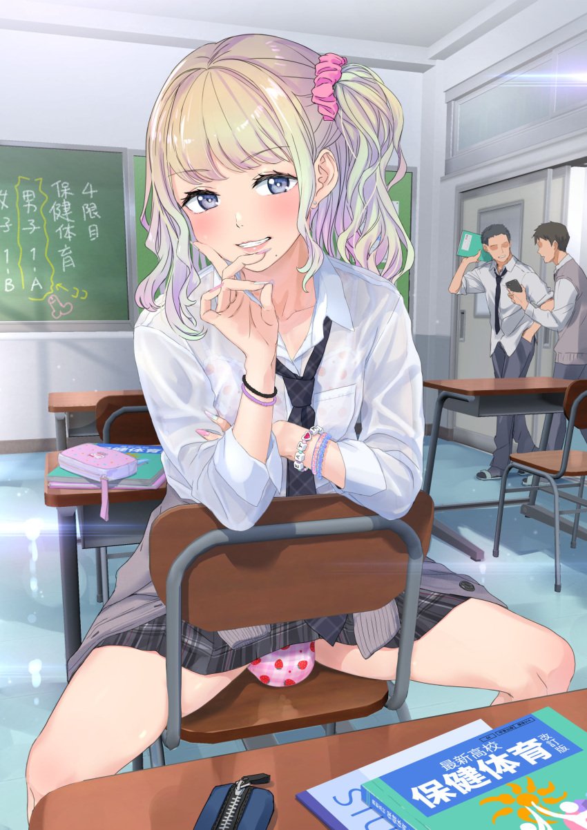 1boy blonde_hair blue_eyes bulge classroom crossdressing femboy girly gyaru light-skinned_femboy light-skinned_male lips long_hair male_only nail_art nail_polish nails onomi9ta original_character panties pink_panties school_uniform sitting_on_chair skirt spread_legs strawberry_panties strawberry_print tagme trap