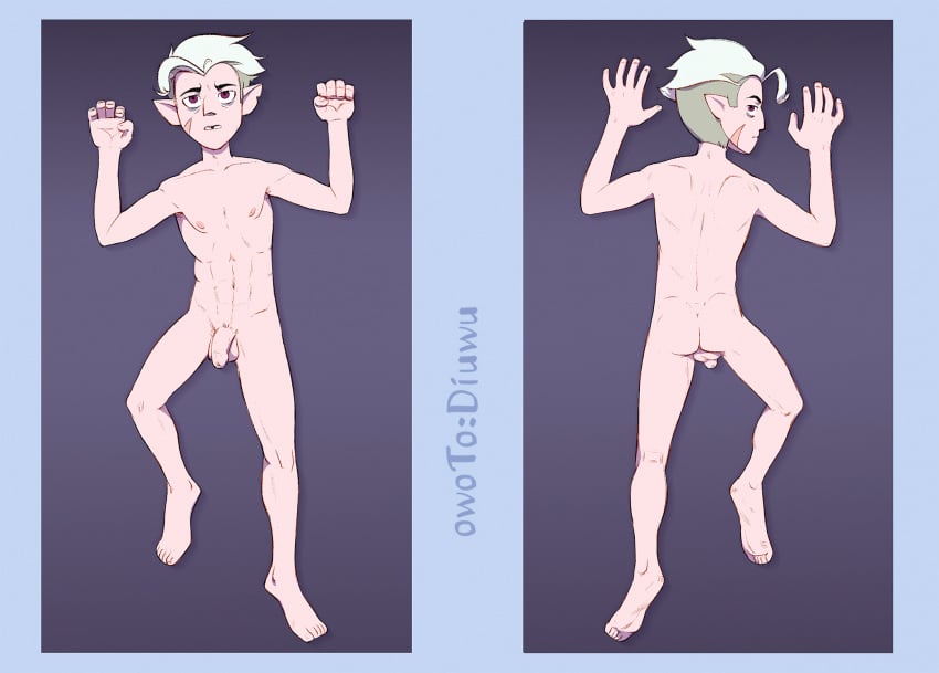 1boy abs ass blonde_hair chipped_ear chipped_tooth confused dakimakura dakimakura_design elf_ears eye_bags flaccid flaccid_penis golden_guard hunter hunter_(the_owl_house) legs_apart looking_at_viewer looking_back lying lying_on_back lying_on_stomach male_only naked nude nude_male owotodiuwu pale_skin penis pointy_ears purple_eyes scar smooth_skin the_owl_house tooth_gap two_tone_hair undercut witch