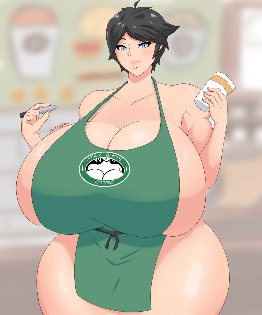 apron artistdex ashley_(artistdex) big_breasts black_hair blue_eyes breasts busty cleavage coffee_cup female female_focus female_only hourglass_figure huge_breasts hyper_breasts iced_latte_with_breast_milk large_breasts light-skinned_female light_skin meme naked_apron original original_character pen short_hair solo starbucks tagme thick_thighs venus_body voluptuous waitress waitress_uniform wide_hips