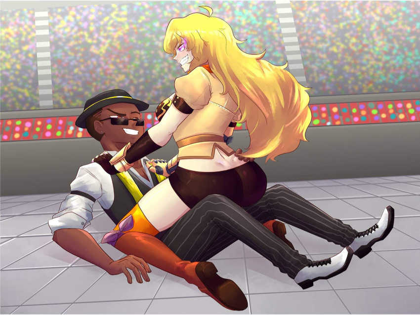 allentrap audience blonde_hair clothed cowgirl cowgirl_position dark-skinned_male dark_skin flynt_coal glasses hat interracial public purple_eyes rwby shorts stadium tagme yang_xiao_long