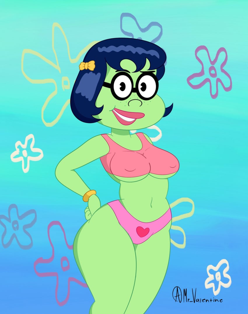 1girls ass black_eyes black_hair bracelet breasts day freckles glasses green_skin hair_ribbon heart_panties lipstick looking_at_viewer marine mermaid mr_valentine00 nickelodeon panties pink_lipstick pink_panties princess_mindy short_hair smile smooth_skin spongebob_squarepants teenager underboob