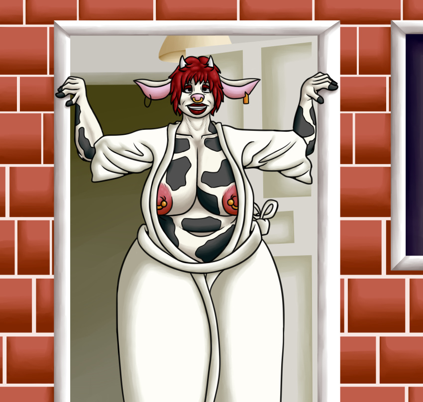 anthro bath_robe bovine brick_wall chubby door eyeshadow female house infiniteshades markings milf nipple_piercing nipple_piercings nipples older_female piercing piercings pink_nipples red_hair red_lips short_hair smiling