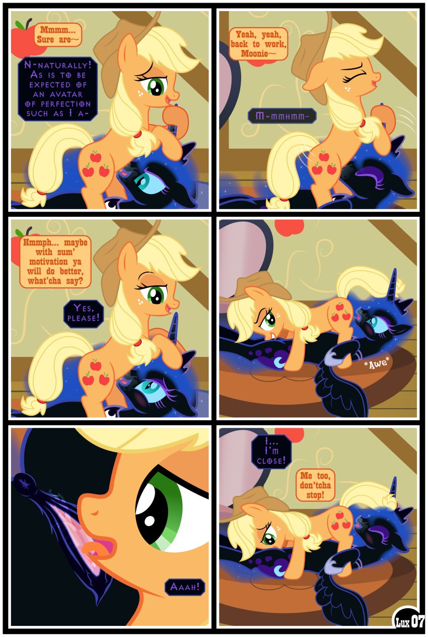 69_position absurd_res alicorn anus applejack_(mlp) ass comic correct_artstyle cunnilingus detailed_background dialogue duo english_text equid equine female female/female feral feral_on_feral friendship_is_magic gutovi-kun hasbro hi_res horn mammal my_little_pony nightmare_moon_(mlp) oral page_7 page_number sex text vaginal_penetration wings yuri