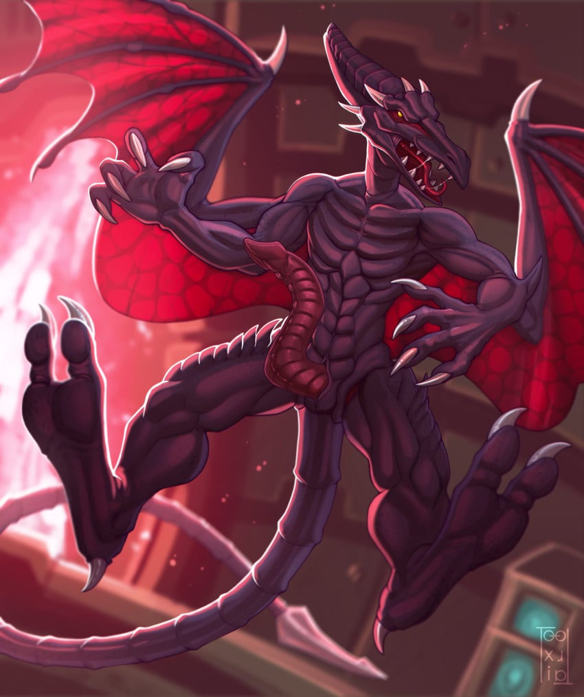 2020 anthro claws dragon flying genitals hi_res kalimah long_penis male male_only membrane_(anatomy) membranous_wings metroid neverneverland nintendo nude open_mouth penis purple_body purple_scales ridley scales scalie sharp_teeth solo space_dragon_(metroid) spread_wings teeth video_games wings