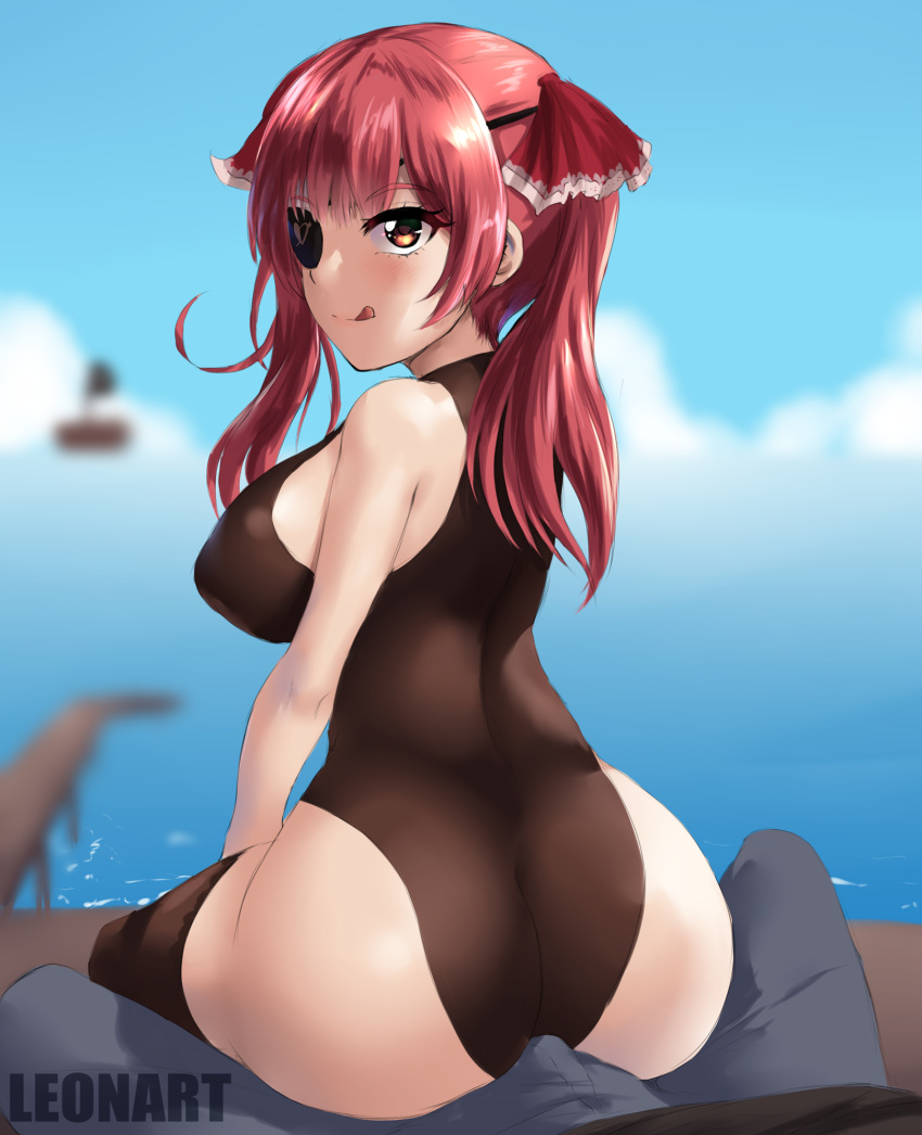 1boy 1girls :d ass big_ass big_breasts big_butt breasts bulge buttjob erection_under_clothes eyepatch female hair_ribbon hololive hololive_fantasy hololive_japan houshou_marine large_breasts leonart long_hair red_eyes red_hair swimsuit thick_ass thighhighs twintails virtual_youtuber