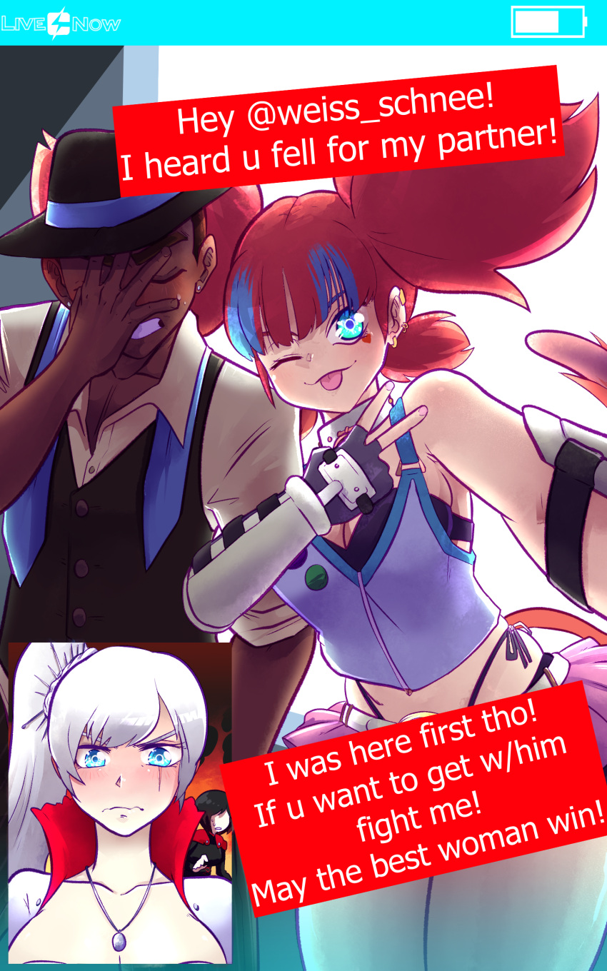 1boy 3girls allentrap blush breasts cellphone_camera cleavage cuckquean dark-skinned_male dark_skin english_text faunus female flynt_coal human humanoid light-skinned_female light_skin male medium_breasts multiple_girls neon_katt ruby_rose rwby selfie tailed_humanoid text weiss_schnee