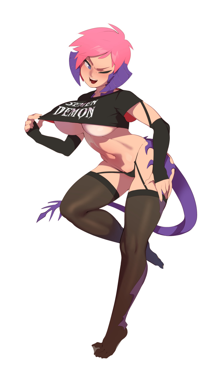 artist_request au_ra breasts final_fantasy final_fantasy_xiv garter_belt gloves goth horn huge_breasts large_breasts open_mouth pink_hair scales semen_demon_(shirt) short_hair sin_faye stockings tail thick_thighs thighhighs thong underwear very_short_hair xaela