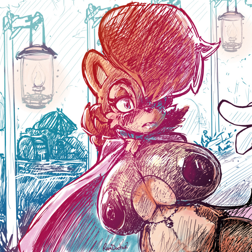 anthro archie_comics big_areola big_nipples blue_eyes breasts chipmunk dark_nipples eyelashes female half-closed_eyes huge_areolae huge_breasts huge_nipples nipples pointing ramdoctor sally_acorn solo sonic_(series) sonic_satam