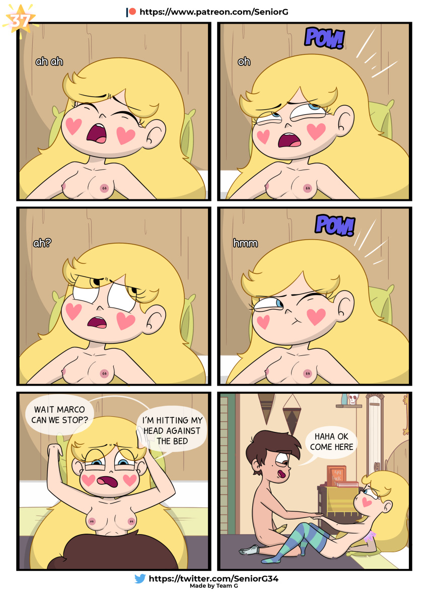 artstyle_imitation blonde_hair comic comic_page condom dark_skin disney disney_channel disney_xd english_text latino latino_male_white_female marco_diaz medium_breasts page_37 seniorg small_breasts star_butterfly star_vs_the_forces_of_evil stockings straight_hair teenager white_female