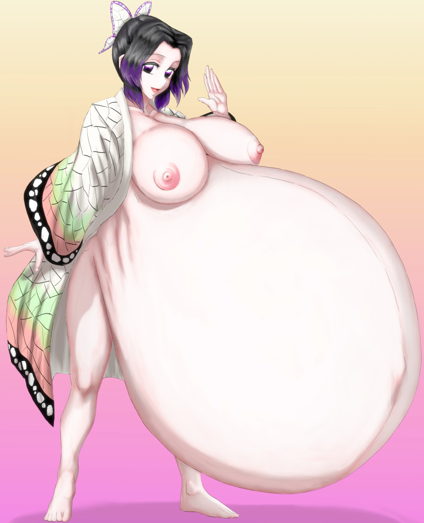 big_breasts black_hair butterfly_hair_ornament demon_slayer female female_only full_body haori huge_belly hyper_belly hyper_pregnancy kimetsu_no_yaiba kochou_shinobu linea_nigra looking_at_viewer mostly_nude open_smile partially_clothed pregnant purple_eyes solo standing two_tone_hair uwasa75 waving