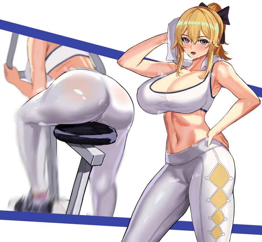 1girls ass big_ass big_breasts big_butt blonde_hair breasts eye_contact female genshin_impact huge_breasts jean_gunnhildr large_breasts looking_at_viewer loooyd sweat thick_ass thick_thighs thighs yoga_pants