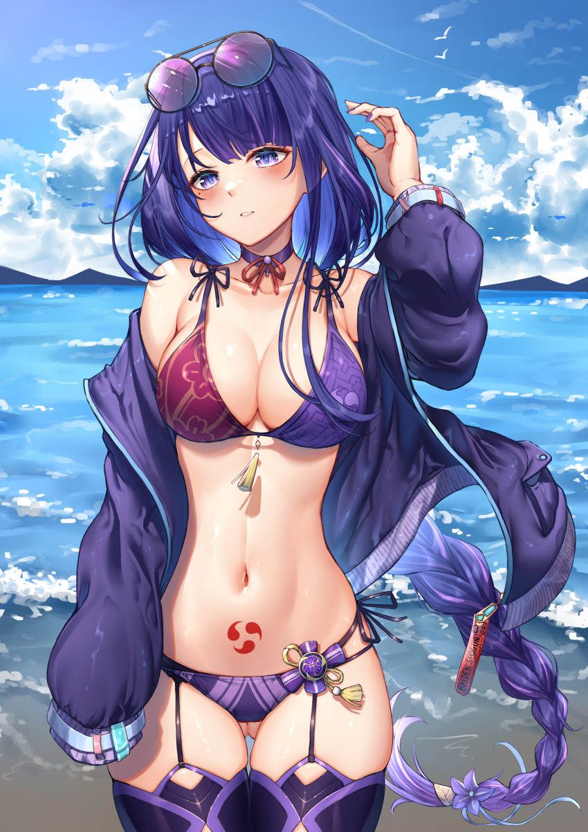 1girls barely_contained beauty_mark bikini blush breasts eyewear_on_head genshin_impact kishita_yuu large_breasts midriff mole mole_under_eye navel purple_eyes purple_hair raiden_shogun revealing_clothes revealing_swimsuit swimsuit tattoo thick_thighs thighhighs thighs tight_clothing