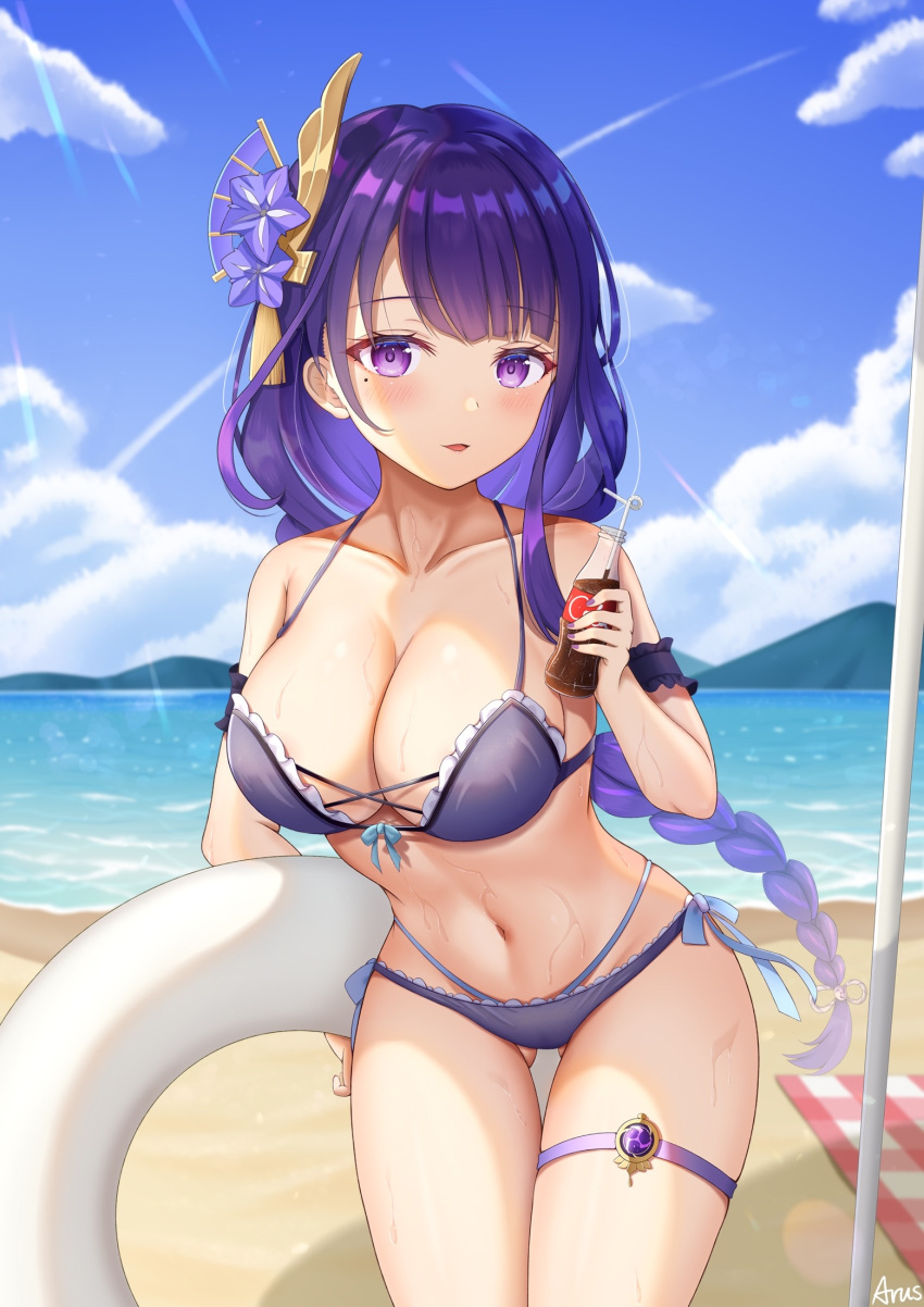 arus barely_contained bikini blush breasts genshin_impact large_breasts midriff navel purple_eyes purple_hair raiden_shogun soda_bottle swimsuit thick_thighs thighs tight_clothing wet