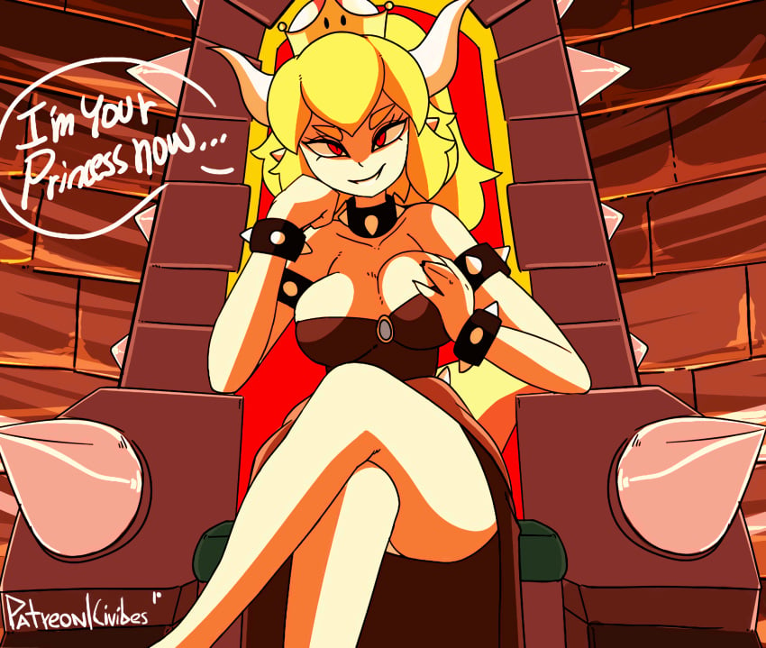 1girls animated arm_band big_breasts blonde_hair bowsette breasts choker civibes crown dress exposing_chest fangs femdom grabbing_own_breast grin highres horns large_breasts long_hair looking_at_viewer low_cut_top mario_(series) nails new_super_mario_bros._u_deluxe pale_skin pink_nipples red_eyes revealing_breasts royalty rule_63 shirt_pull sitting smiling solo solo_female solo_focus speech_bubble spiked_bracelet spiked_collar super_crown teasing text text_bubble thighs throne upscaled